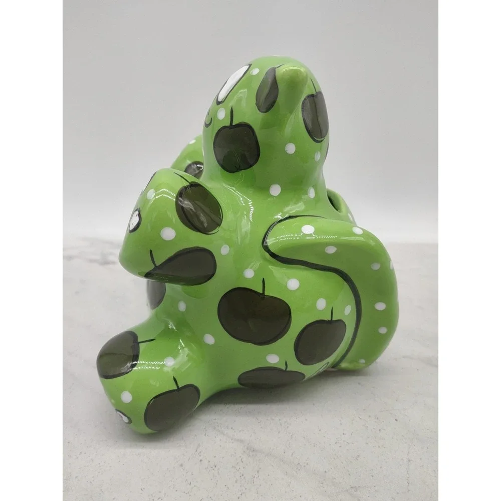Ganz Ceramic Piggy Bank Kitty Cat Green Apples Painted Signed Pati 5 Inch
